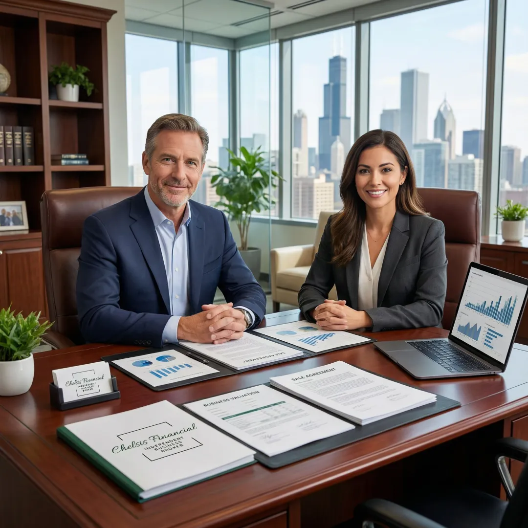 Healthcare business owner reviewing sale documents with a financial advisor