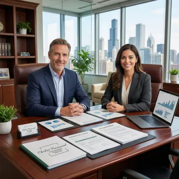 Healthcare business owner reviewing sale documents with a financial advisor