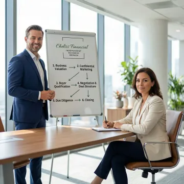 M&A advisor guiding a business owner through a structured transaction process