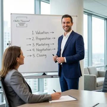 Business broker guiding client through a structured sale process on a whiteboard