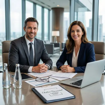 Business broker and client reviewing acquisition documents at a conference table