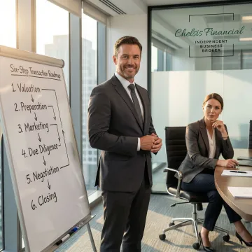 M&A advisor walking a business owner through a structured transaction process on a whiteboard