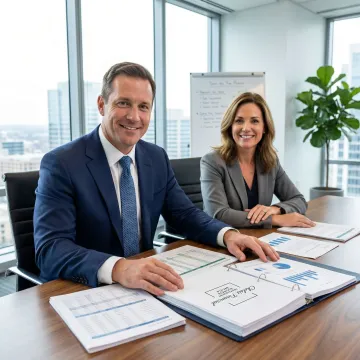 Business broker and client reviewing documents for a business sale transaction