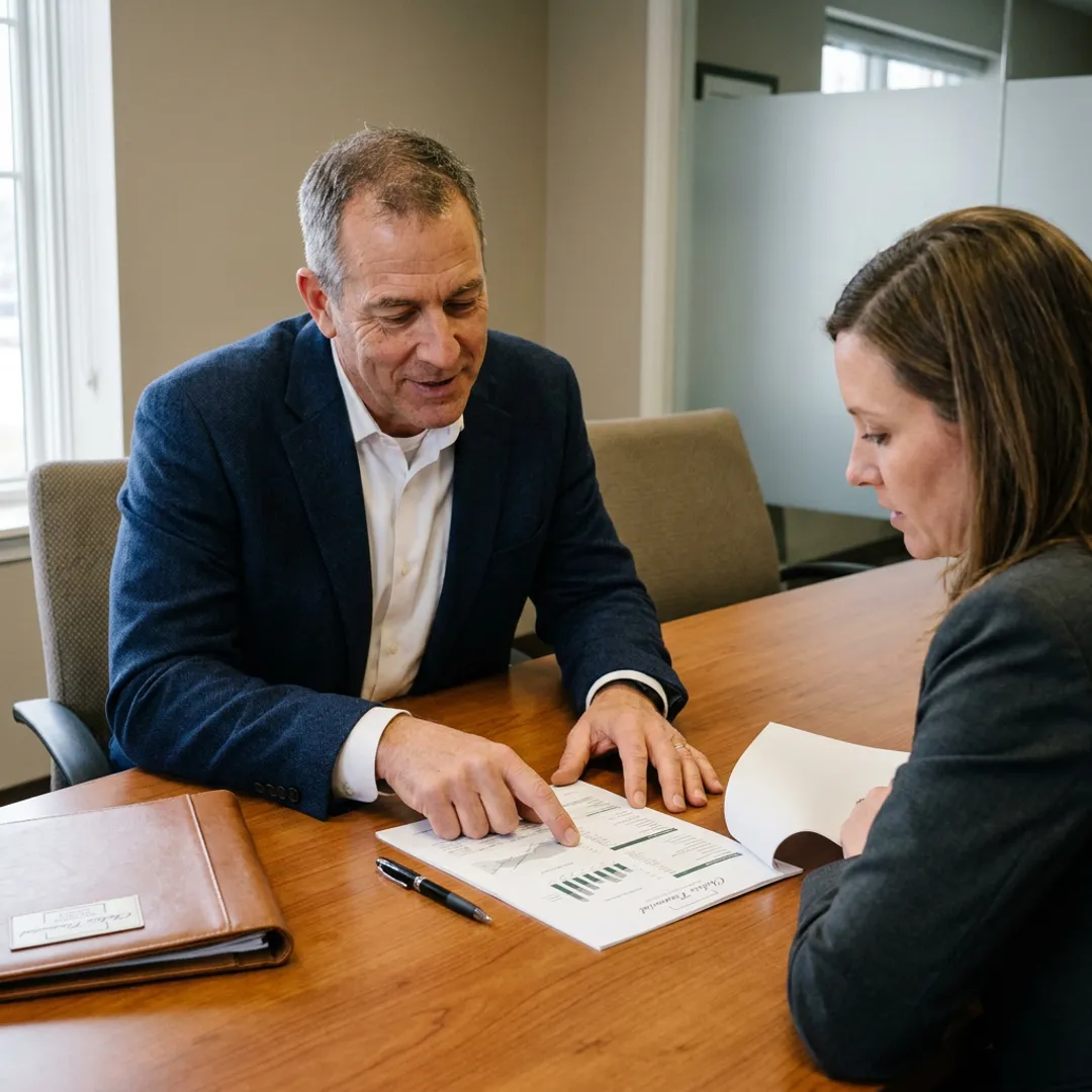 A business owner reviewing a valuation report with a Chelsis Financial broker in Michigan.