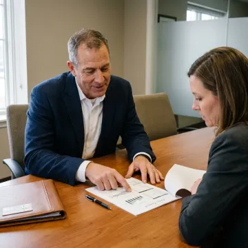 A business owner reviewing a valuation report with a Chelsis Financial broker in Michigan.