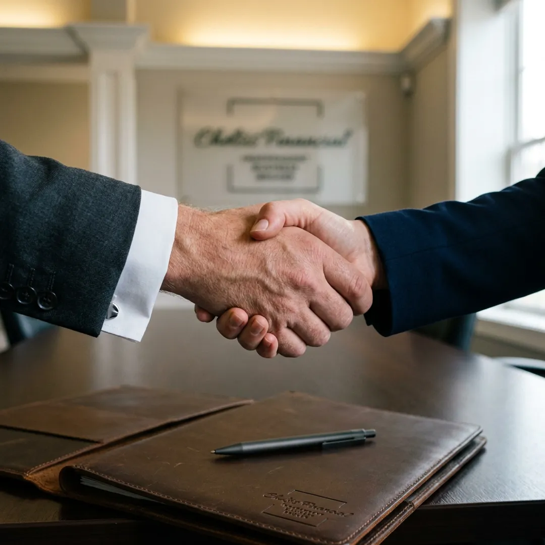 A business owner confidently shaking hands with a buyer after a successful deal.