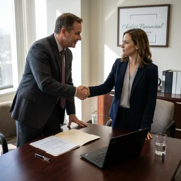 A professional business broker shaking hands with a client after a successful business sale.