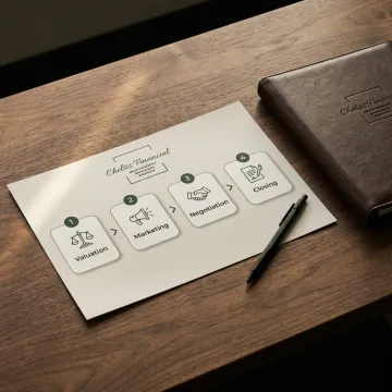 A flowchart illustrating the four-step process of selling a business with a broker.