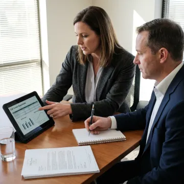 A business consultant reviewing acquisition documents for a call center.