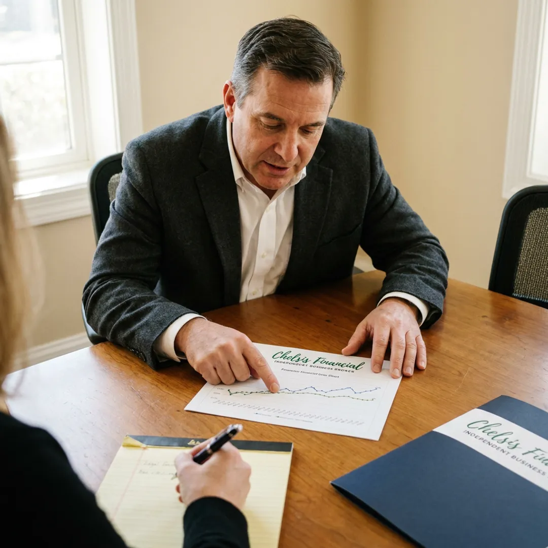 An experienced business advisor from Chelsis Financial discussing a strategy with a client in an office.