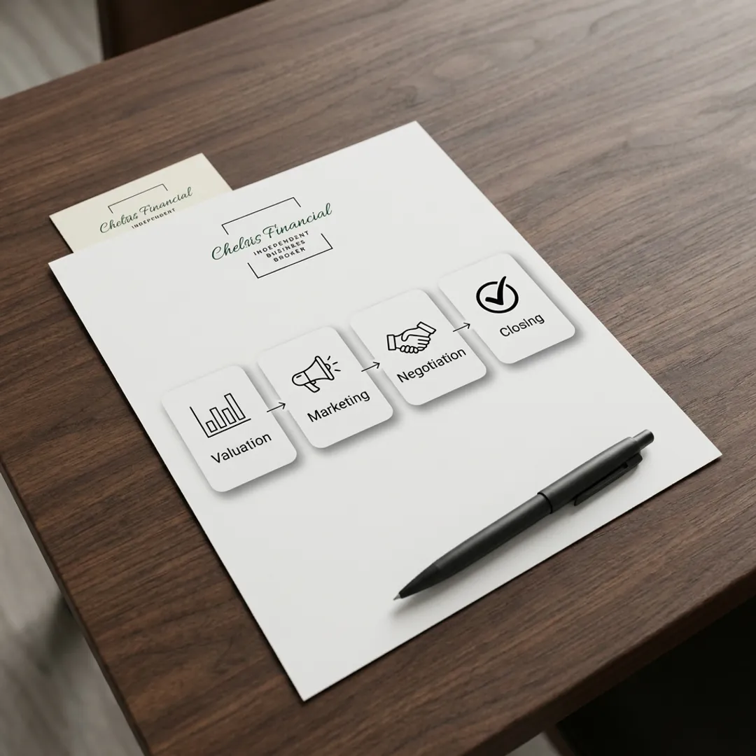 A flowchart showing the four-step process of selling a business, from valuation to closing.