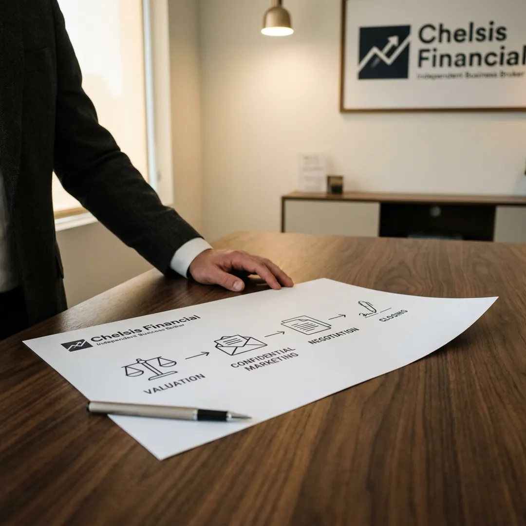 A flowchart showing the four steps of a business sale process.