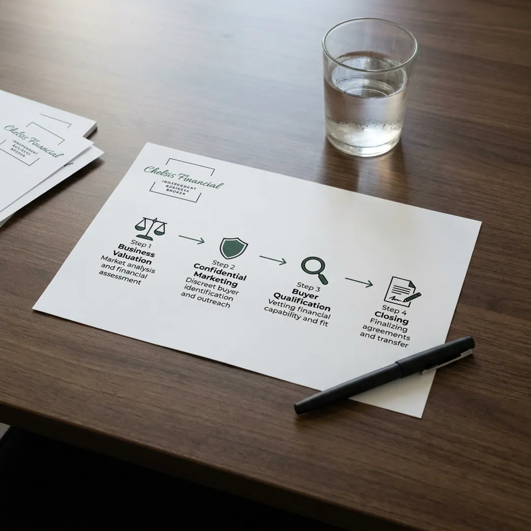 A flowchart showing the four steps to selling a manufacturing business.