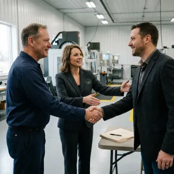 Owner and buyer shaking hands in a modern Austin manufacturing facility.