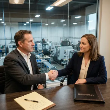A handshake sealing a deal for a manufacturing business sale in Kansas City.