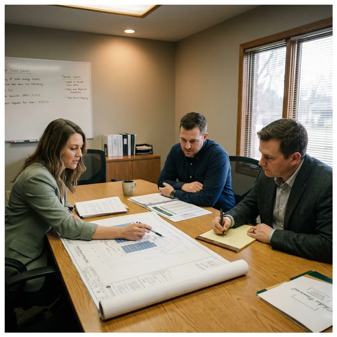 A team of financial advisors discussing a renewable energy project with solar panel blueprints.