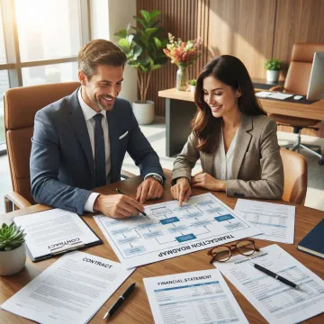 Business advisor reviewing deal documents with a client during a structured M&A transaction process