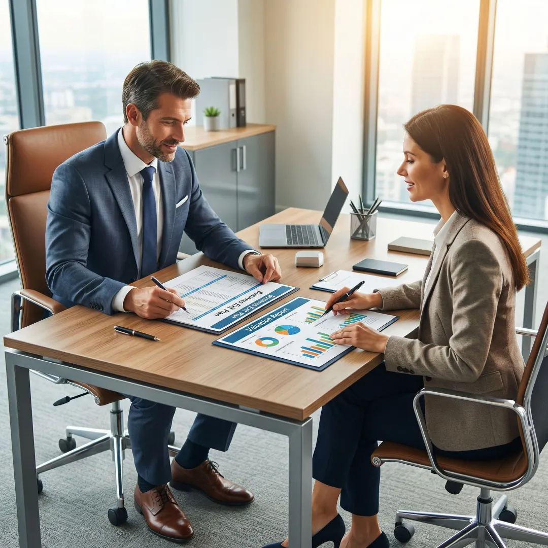 Business owner reviewing exit strategy documents with a financial advisor