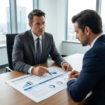 Financial advisor presenting a business succession plan to a confident business owner