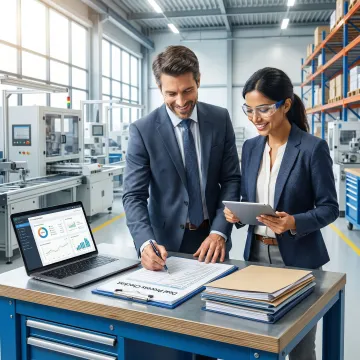 M&A advisor and manufacturing business owner reviewing a transaction timeline checklist