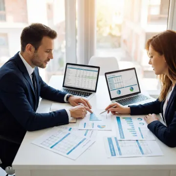 Business valuation consultant reviewing financial statements with a client at a professional office desk