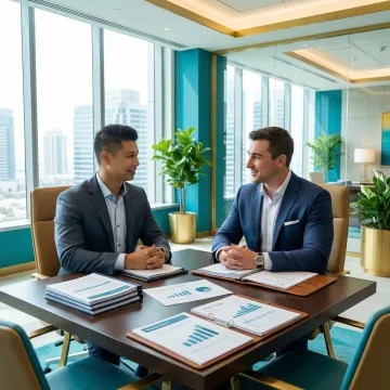 Business broker and client reviewing appraisal documents in a professional office setting