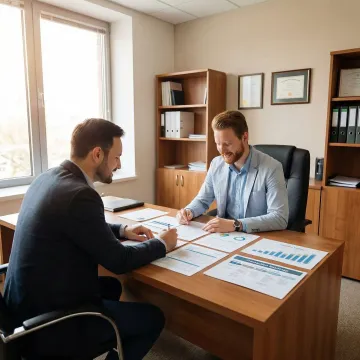 Business broker guiding a client through a step-by-step business sale process with documents on a desk