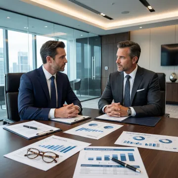 M&A advisor consulting with a waste management business owner at a conference table with documents and charts