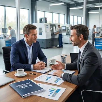 Manufacturing business owner reviewing sale documents with a financial advisor in an Illinois facility
