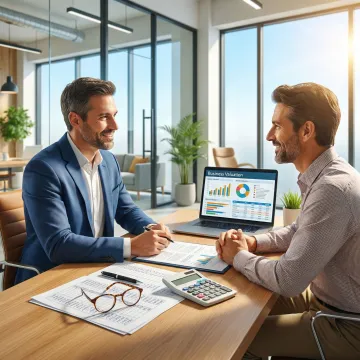 Business advisor discussing M&A strategy with a business owner over financial reports