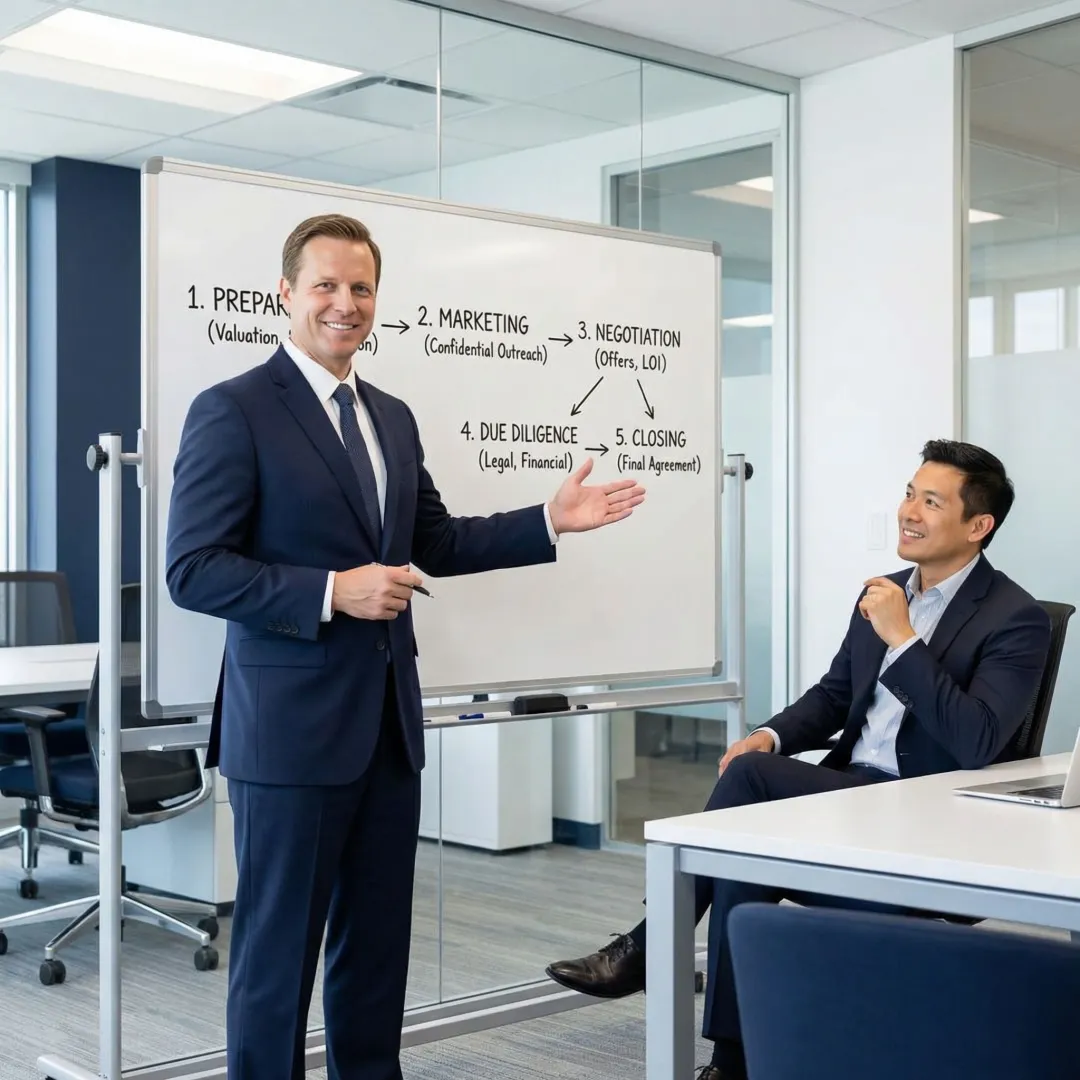 Business advisor walking a client through the M&A transaction process on a whiteboard
