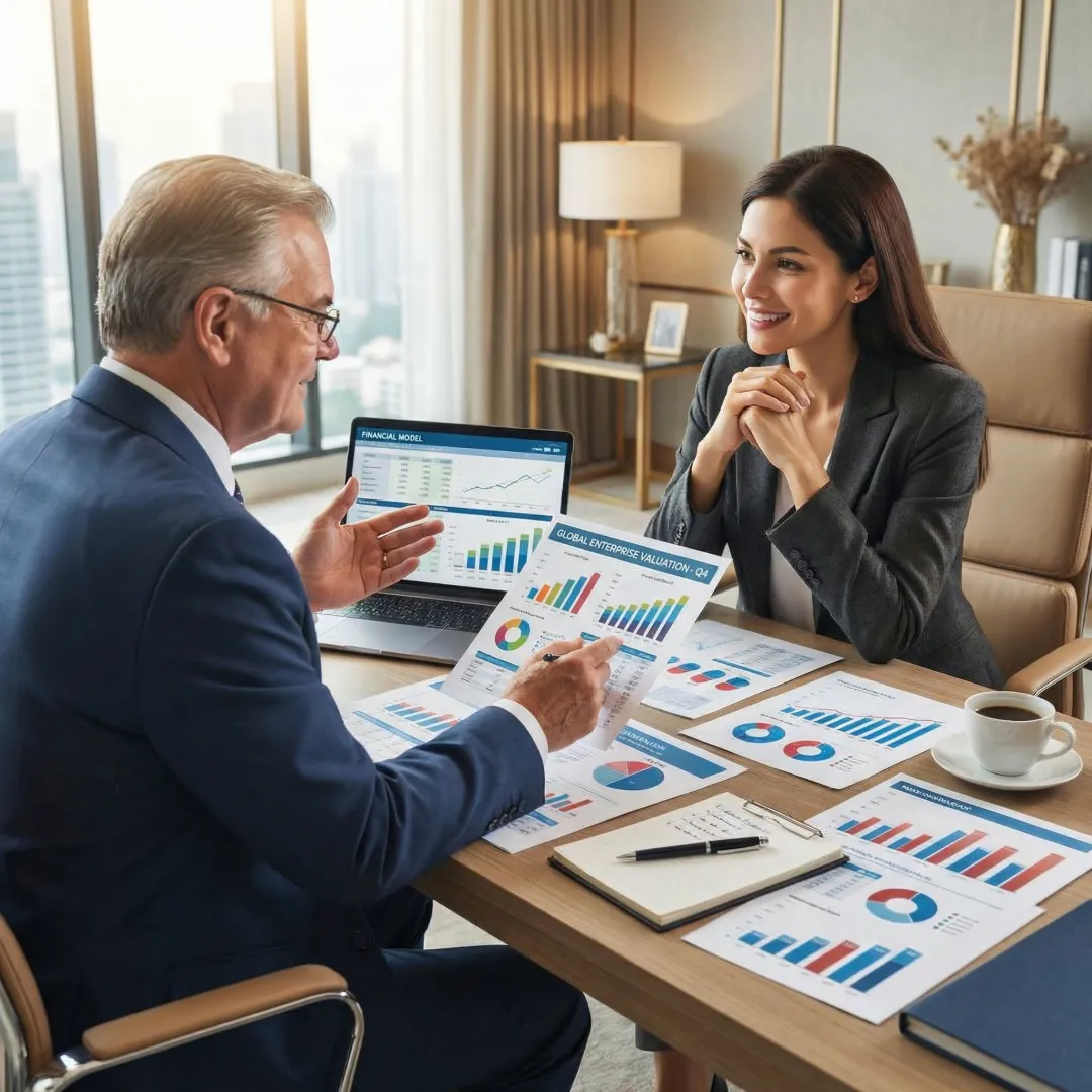 M&A advisor presenting a business valuation report to a business owner