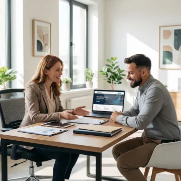 Business broker guiding a small web business owner through a sale agreement