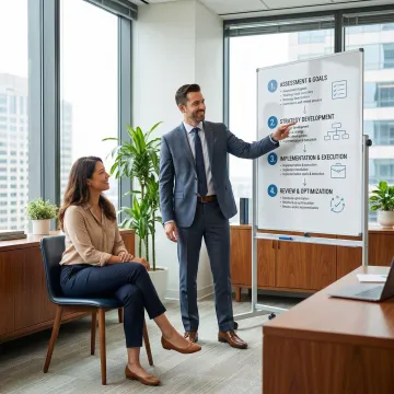 Business advisor walking client through a structured business sale process on a whiteboard