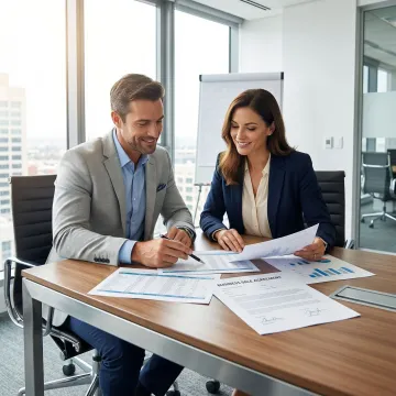Business broker and client reviewing a business sale agreement in an Evansville office
