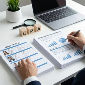 Business advisor reviewing buyer and seller profiles on a desk with financial documents