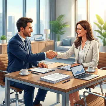Business broker shaking hands with a client in a professional Indiana office setting