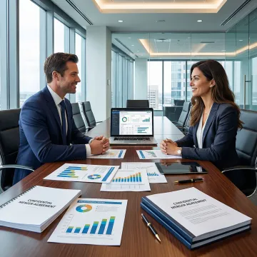 M&A advisor consulting with a business owner at a conference table reviewing financial documents