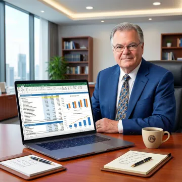 M&A business valuation analysis with financial reports and a laptop showing charts