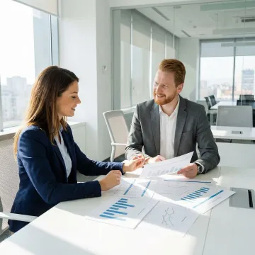 Business broker and small business owner reviewing valuation documents at a conference table