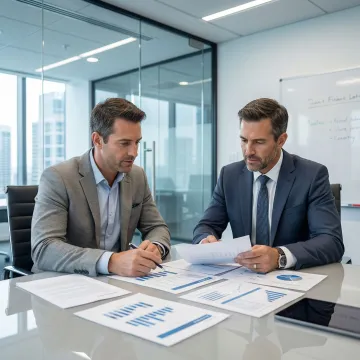 Expert business broker consulting with a manufacturing business owner at a conference table