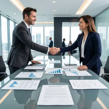 Business broker and client reviewing business sale documents at a conference table
