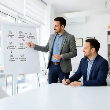 Business broker walking client through a structured business sale process on a whiteboard