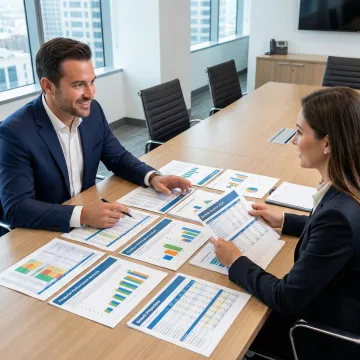 Business broker and client reviewing documents during a confidential business sale consultation