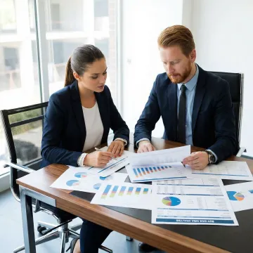 M&A advisor and business buyer reviewing acquisition documents at a conference table