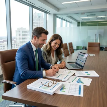 M&A advisor consulting with a Detroit business owner in a professional office setting