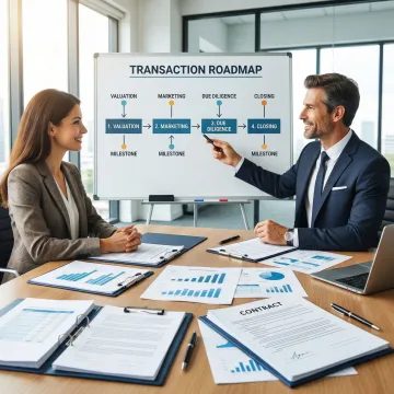 Step-by-step business sale process overview with broker and client in a meeting room