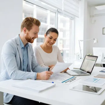 Business broker reviewing a detailed process checklist with a seller in a professional office setting.