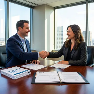 Business broker and client shaking hands across a conference table during a business sale consultation