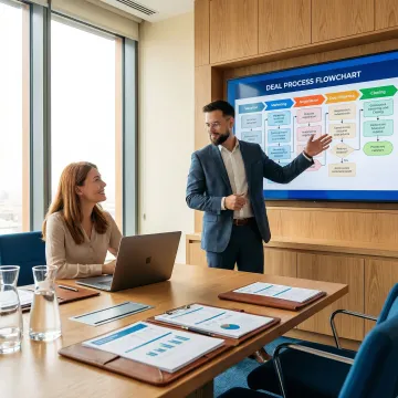 Business broker reviewing a multi-step transaction roadmap with a business owner in a professional meeting room